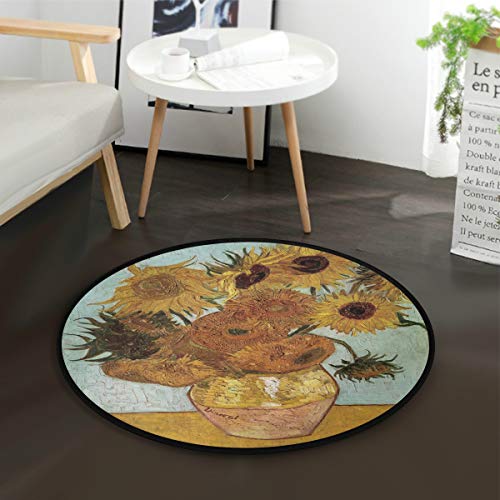 WELLDAY Round Area Rug Van Gogh Sunflower Art Door Mat Washable Non-Slip Throw Floor Carpet