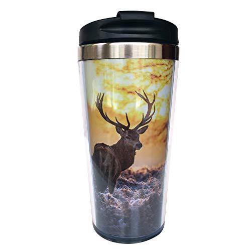 NVJUI JUFOPL Men Women Red Deer Morning Sun Funny Coffee Mug for Travel, With Flip Lid, Stainless Steel, Water Bottle Cup 15 oz