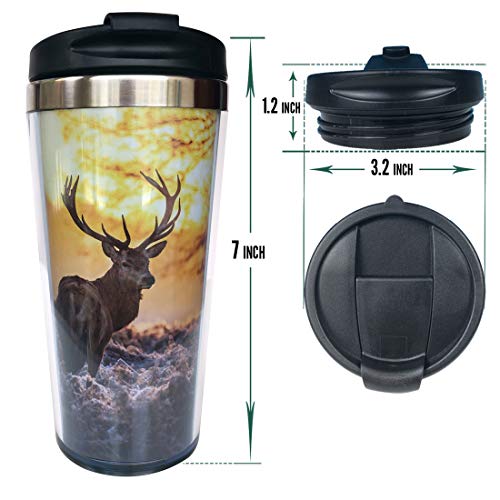 NVJUI JUFOPL Men Women Red Deer Morning Sun Funny Coffee Mug for Travel, With Flip Lid, Stainless Steel, Water Bottle Cup 15 oz