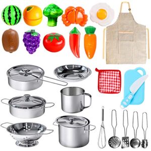 poputoy 28pcs pretend play kitchen toys, kitchen playset cooking toys set with stainless steel cookware and accessories for kids toddlers girls boys