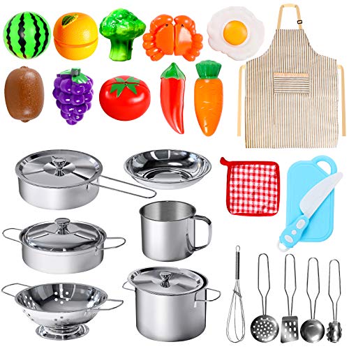 POPUTOY 28Pcs Pretend Play Kitchen Toys, Kitchen Playset Cooking Toys Set with Stainless Steel Cookware and Accessories for Kids Toddlers Girls Boys