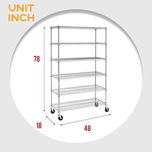 BestMassage Wire Shelving Unit Heavy Duty Garage Storage Shelves Large Metal Shelf Organizer 6-Tier Height Adjustable Commercial Grade Utility Steel Storage Rack with Wheels,18 x 48 x 72 (Chrome)