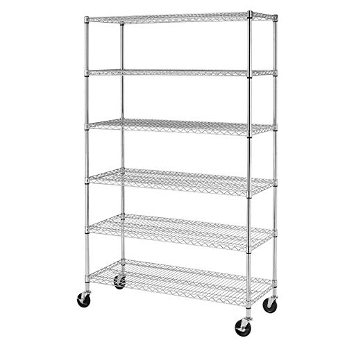 BestMassage Wire Shelving Unit Heavy Duty Garage Storage Shelves Large Metal Shelf Organizer 6-Tier Height Adjustable Commercial Grade Utility Steel Storage Rack with Wheels,18 x 48 x 72 (Chrome)