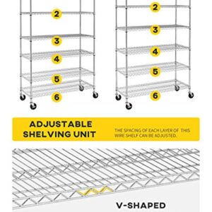 BestMassage Wire Shelving Unit Heavy Duty Garage Storage Shelves Large Metal Shelf Organizer 6-Tier Height Adjustable Commercial Grade Utility Steel Storage Rack with Wheels,18 x 48 x 72 (Chrome)