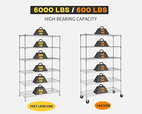 BestMassage Wire Shelving Unit Heavy Duty Garage Storage Shelves Large Metal Shelf Organizer 6-Tier Height Adjustable Commercial Grade Utility Steel Storage Rack with Wheels,18 x 48 x 72 (Chrome)