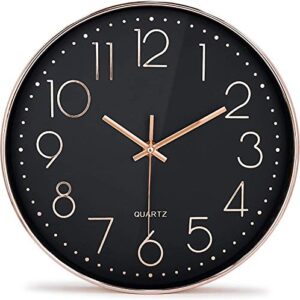 jinma 12 inch modern wall clock silent non ticking easy to read decorative wall clocks for living room decor home office kitche (black rose gold)