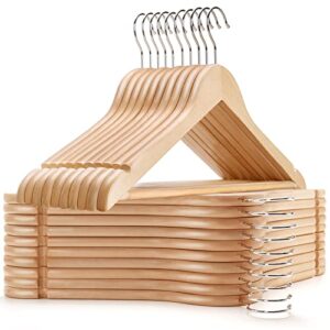 amber home solid wood suit coat hangers 30 pack, smooth natural finish wooden dress hangers with non slip pant bar, clothes hangers with 360 swivel hook & notches for jacket, pant, shirt (natural, 30)