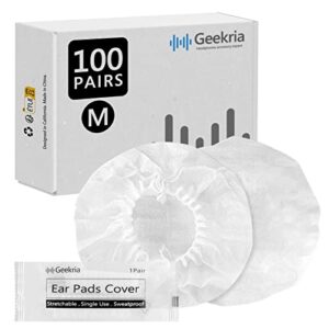 geekria 100 pairs individually wrapped disposable headphones ear cover for over-ear headset earcup, stretchable sanitary ear pads cover, hygienic ear cushion protector (m/white)