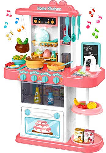 Little Brown Box Kids Pink Plastic Kitchen Playset Toy, Pretend Play, Cookware Set, Dishes, Pretend Food W/ Sink, Realistic Steam, Lights & Music - Gift for Toddler, Children, Girls 3,4,5 Years