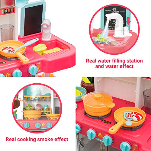 Little Brown Box Kids Pink Plastic Kitchen Playset Toy, Pretend Play, Cookware Set, Dishes, Pretend Food W/ Sink, Realistic Steam, Lights & Music - Gift for Toddler, Children, Girls 3,4,5 Years