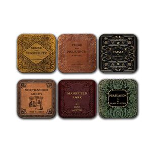 6 coasters with complete novels of jane austen . six coffee mug coasters with complete novels of jane austen's book designs. (book title)