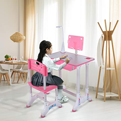 Sunskyi Kids Study Desk and Chair Set, Height Adjustable Table & Chair Drawing Set with Bookstand and Drawer, Ergonomic Student Writing Desk for Studying, Reading and Drawing (Pink)