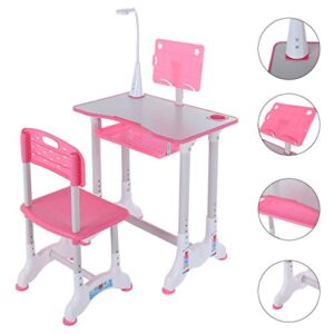 Sunskyi Kids Study Desk and Chair Set, Height Adjustable Table & Chair Drawing Set with Bookstand and Drawer, Ergonomic Student Writing Desk for Studying, Reading and Drawing (Pink)