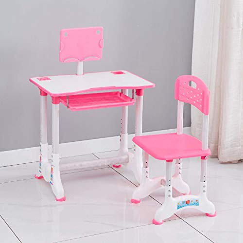 Sunskyi Kids Study Desk and Chair Set, Height Adjustable Table & Chair Drawing Set with Bookstand and Drawer, Ergonomic Student Writing Desk for Studying, Reading and Drawing (Pink)