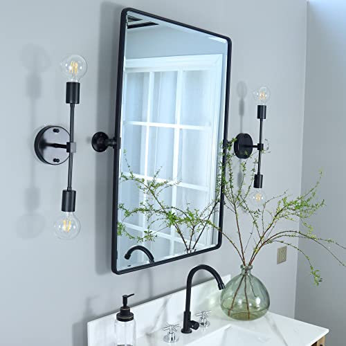 TEHOME 27 x 35 inch Farmhouse Large Black Metal Framed Pivot Rectangle Bathroom Mirror Rounded Rectangluar Tilting Beveled Vanity Mirrors for Wall