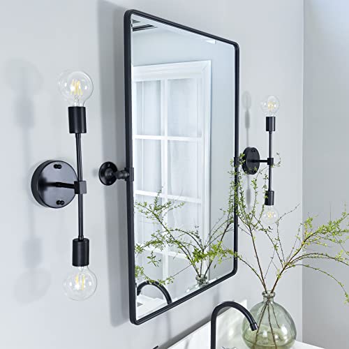 TEHOME 27 x 35 inch Farmhouse Large Black Metal Framed Pivot Rectangle Bathroom Mirror Rounded Rectangluar Tilting Beveled Vanity Mirrors for Wall