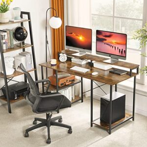 YMYNY 55" Industrial Computer Desk with Dual Monitor CPU Stand, Studying Writing Desk with Storage Shelves, Gaming Study Table Workstation for Home Office, Easy Assembly, Rustic Brown, HD-UHTMJ056H