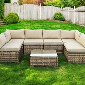 LEISU 7 Pieces Outdoor Sectional Furniture Set All-Weather Patio Sectional Sofa 7-Piece Conversation Set with Cushions (7 Pieces)