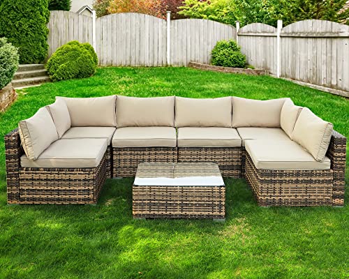 LEISU 7 Pieces Outdoor Sectional Furniture Set All-Weather Patio Sectional Sofa 7-Piece Conversation Set with Cushions (7 Pieces)