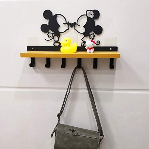 Minnie Mouse Wall Mounted Metal Key Hook Coat Rack,Farmhouse Mounted Coat Rack and Wooden Upper Shelf for Storage