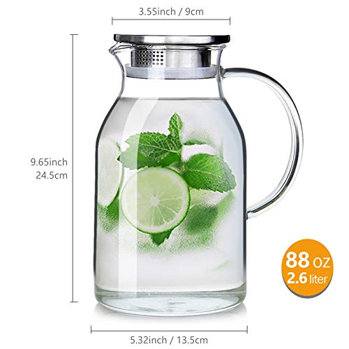 88OZ Glass Pitcher with Lid and Spout - High Heat Resistance Pitcher for Hot/Cold Water & Iced Tea (2.6L)