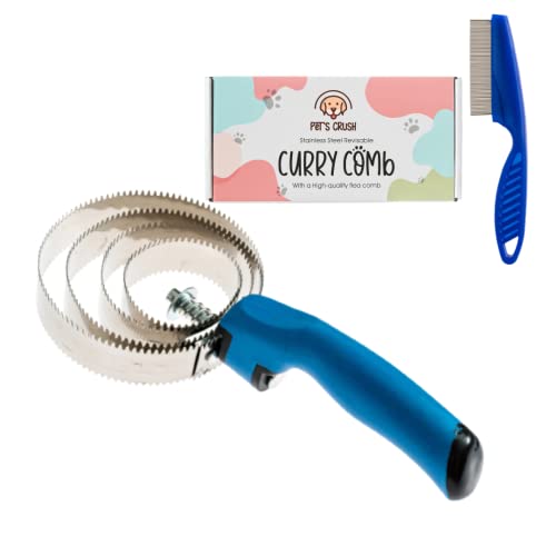 Curry Comb Pet Brush | Stainless Steel Spiral Horse Brush For Puppy, Dog, Cat, Horse | Multi- Function Deshedding Undercoat Grooming Tool With Double Sided Tooth Edges | Includes Hoof Pick With Brush