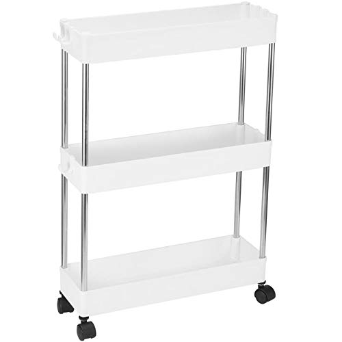 3 Tier Slim Storage Cart, Mobile Narrow Rolling Cart with Wheels, Conveniently Slide Out Organizer Shelf Cart for Kitchen Bathroom Pantry Laundry Narrow Space - Plastic (White)