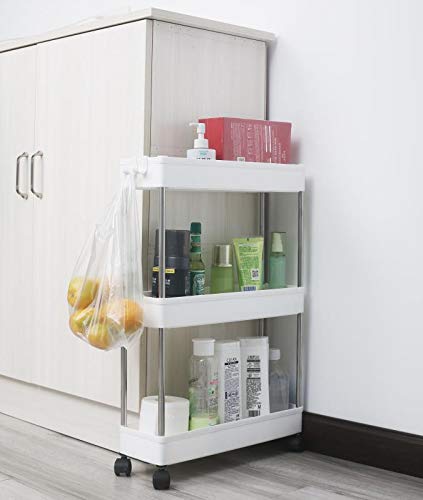 3 Tier Slim Storage Cart, Mobile Narrow Rolling Cart with Wheels, Conveniently Slide Out Organizer Shelf Cart for Kitchen Bathroom Pantry Laundry Narrow Space - Plastic (White)