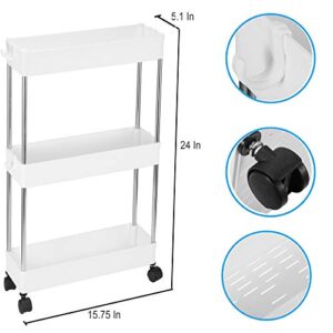 3 Tier Slim Storage Cart, Mobile Narrow Rolling Cart with Wheels, Conveniently Slide Out Organizer Shelf Cart for Kitchen Bathroom Pantry Laundry Narrow Space - Plastic (White)