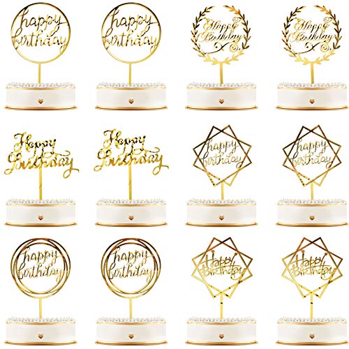 12 Pieces Acrylic Happy Birthday Cake Topper Glitter Birthday Cupcake Topper Pick Decorations for Birthday Party Cake Desserts Pastries, 6 Styles (Gold)