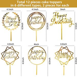 12 Pieces Acrylic Happy Birthday Cake Topper Glitter Birthday Cupcake Topper Pick Decorations for Birthday Party Cake Desserts Pastries, 6 Styles (Gold)