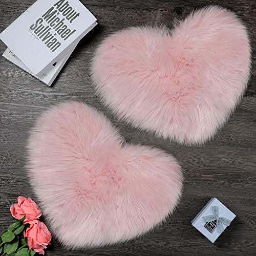 2 Pieces Fluffy Heart Shaped Rug Faux Area Rug Bushy Room Carpet for Home Living Room Sofa Floor Bedroom, 12 x 16 Inch (Pink)