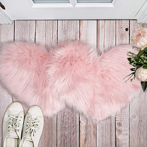 2 Pieces Fluffy Heart Shaped Rug Faux Area Rug Bushy Room Carpet for Home Living Room Sofa Floor Bedroom, 12 x 16 Inch (Pink)