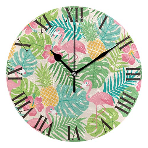 Oreayn Hawaii Flamingo Pineapple Wall Clock for Home Office Bedroom Living Room Decor Non Ticking