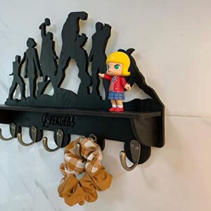 Awesome Avengers Superheroes Wall Mounted Wooden Key Hook Coat Rack,Farmhouse Mounted Coat Rack and Upper Shelf for Storage，with 5 Dual Vintage Durable Metal Hooks