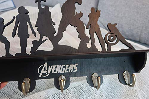 Awesome Avengers Superheroes Wall Mounted Wooden Key Hook Coat Rack,Farmhouse Mounted Coat Rack and Upper Shelf for Storage，with 5 Dual Vintage Durable Metal Hooks