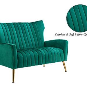 Altrobene Velvet Couch Modern Wingback Loveseat Tufted Luxury Sofa with Gold Legs for Living Room/Bedroom, Green