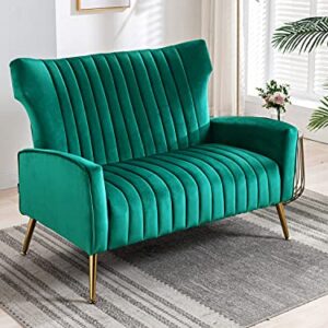 Altrobene Velvet Couch Modern Wingback Loveseat Tufted Luxury Sofa with Gold Legs for Living Room/Bedroom, Green