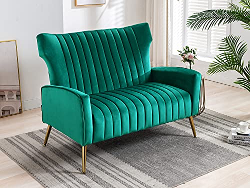 Altrobene Velvet Couch Modern Wingback Loveseat Tufted Luxury Sofa with Gold Legs for Living Room/Bedroom, Green