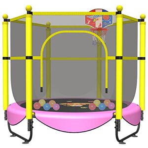 60" trampoline for kids, 5 ft toddler baby trampoline with safety enclosure net, indoor or outdoor pink small recreational trampolines with basketball hoop, birthday gifts for kids, gifts for girl
