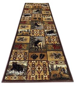 cabin style distressed antiquated runner area rug black bear elk deer wildlife animal country hunting southwest wilderness design 760 (2 feet x 7 feet)