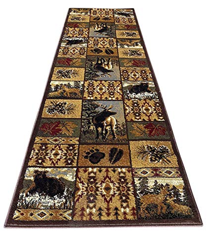 Cabin Style Distressed Antiquated Runner Area Rug Black Bear Elk Deer Wildlife Animal Country Hunting Southwest Wilderness Design 760 (2 Feet X 7 Feet)