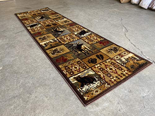 Cabin Style Distressed Antiquated Runner Area Rug Black Bear Elk Deer Wildlife Animal Country Hunting Southwest Wilderness Design 760 (2 Feet X 7 Feet)