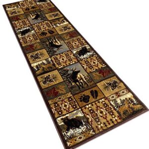 Cabin Style Distressed Antiquated Runner Area Rug Black Bear Elk Deer Wildlife Animal Country Hunting Southwest Wilderness Design 760 (2 Feet X 7 Feet)