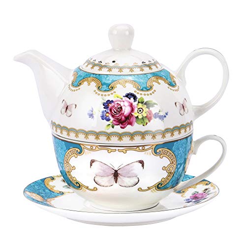 fanquare English Porcelain Tea for One Set, Floral Teapot with Cup, Blue Tea Cup and Saucer Set