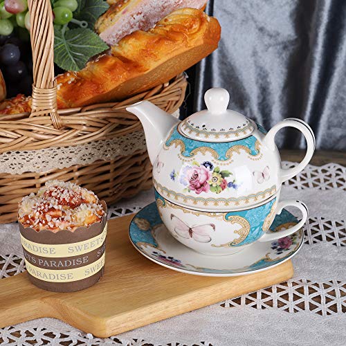 fanquare English Porcelain Tea for One Set, Floral Teapot with Cup, Blue Tea Cup and Saucer Set