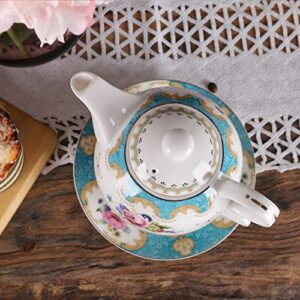 fanquare English Porcelain Tea for One Set, Floral Teapot with Cup, Blue Tea Cup and Saucer Set