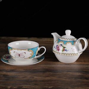 fanquare English Porcelain Tea for One Set, Floral Teapot with Cup, Blue Tea Cup and Saucer Set