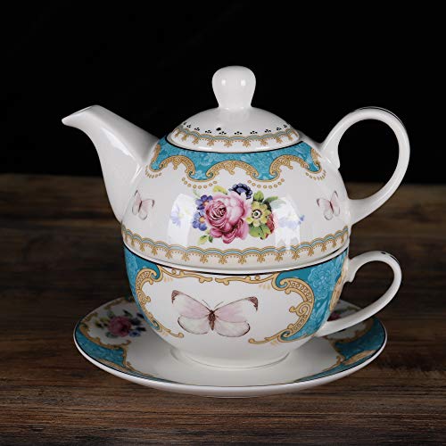 fanquare English Porcelain Tea for One Set, Floral Teapot with Cup, Blue Tea Cup and Saucer Set