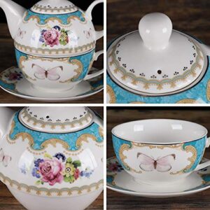 fanquare English Porcelain Tea for One Set, Floral Teapot with Cup, Blue Tea Cup and Saucer Set